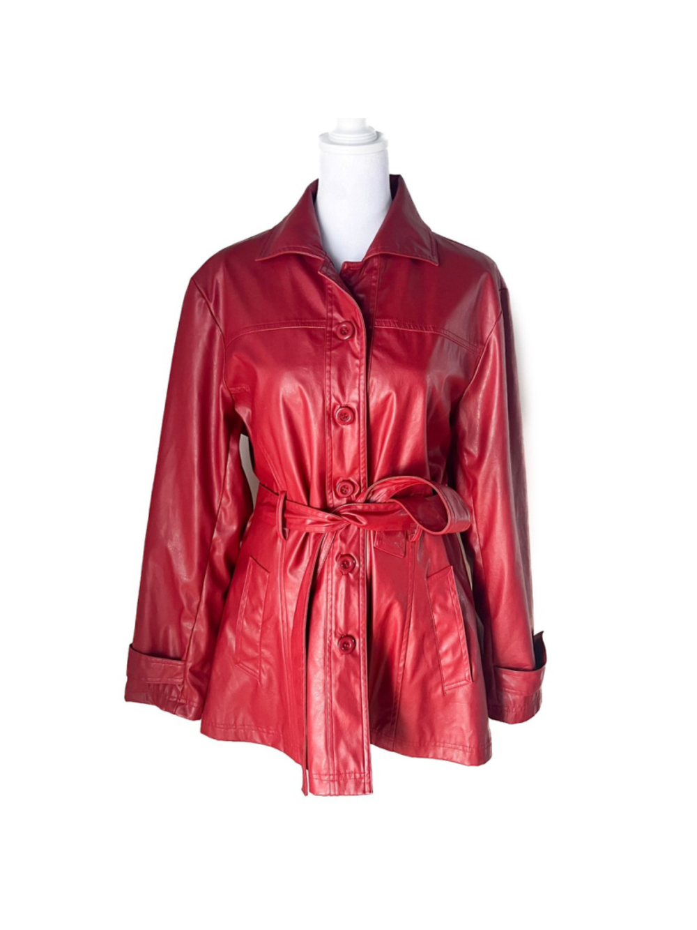Vintage Learsi Jacket Womens Red Faux Leather Belted Retro Sz M Y2K 90s longline